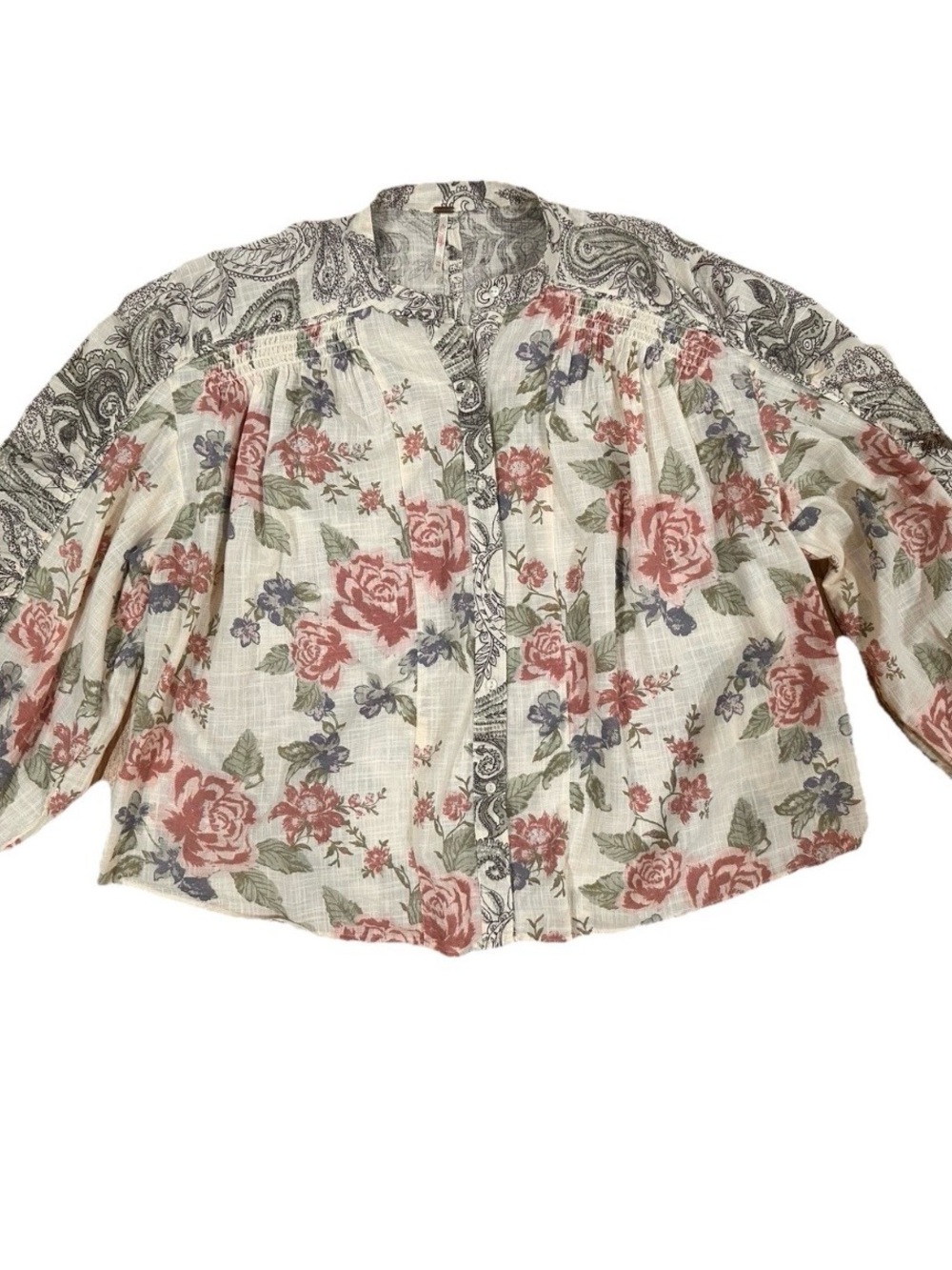 Free People Maraya floral button up cotton shirt puff sleeves beige XS - Picture 13 of 13